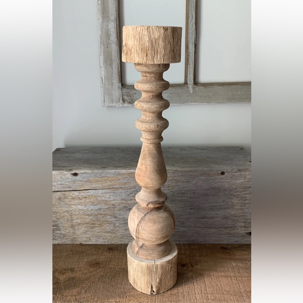 Carved beach drift wood candle holder boho neutral 18” tall light rustic $firm$
